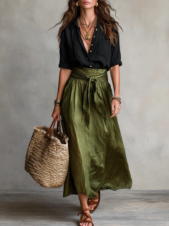Lyla - Two-Piece Set: Black T-Shirt and Olive Green Midi Skirt