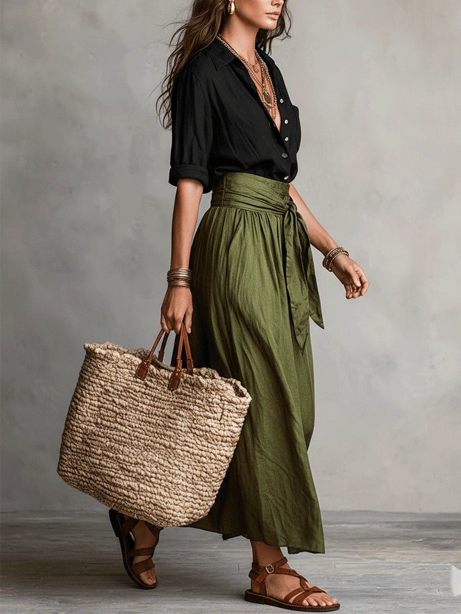 Lyla - Two-Piece Set: Black T-Shirt and Olive Green Midi Skirt