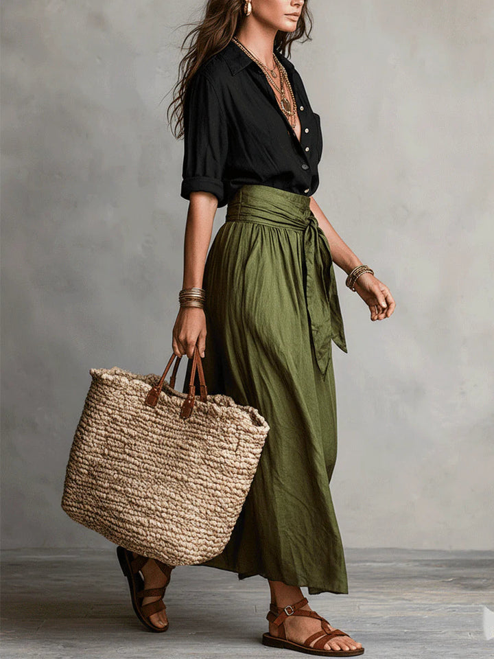 Lyla - Two-Piece Set: Black T-Shirt and Olive Green Midi Skirt
