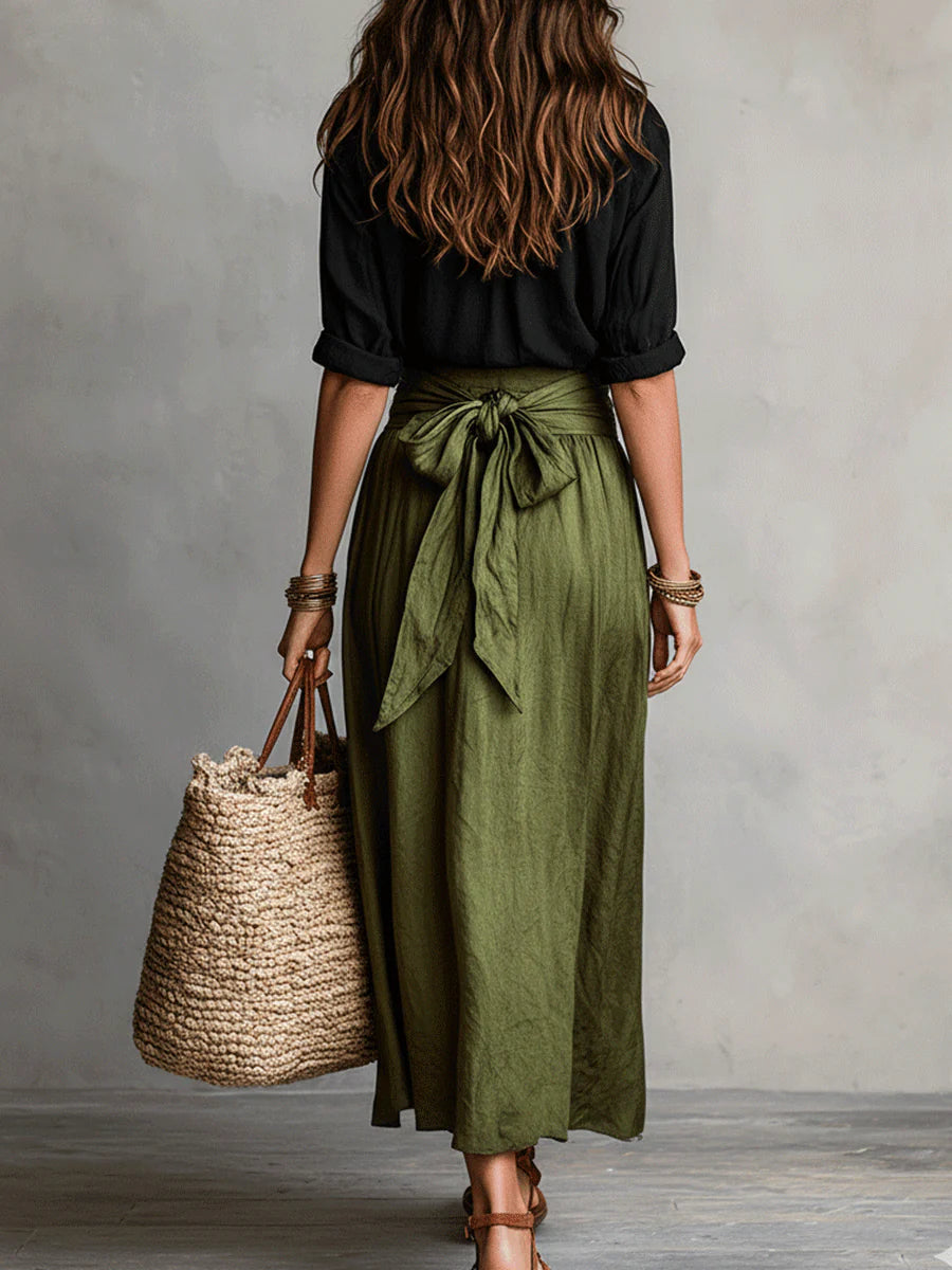 Lyla - Two-Piece Set: Black T-Shirt and Olive Green Midi Skirt