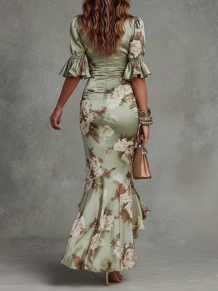 Isabella - Asymmetrical long dress in green satin with V-neck, flared puff sleeves, and floral pattern