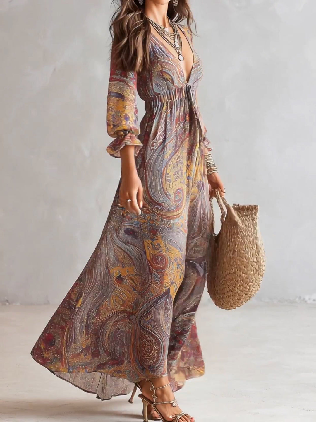 Natalie - Paisley Print V-neck Gathered Chiffon Maxi Dress