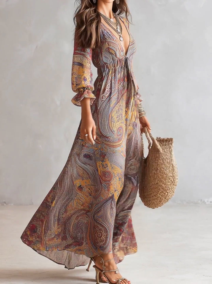 Natalie - Paisley Print V-neck Gathered Chiffon Maxi Dress