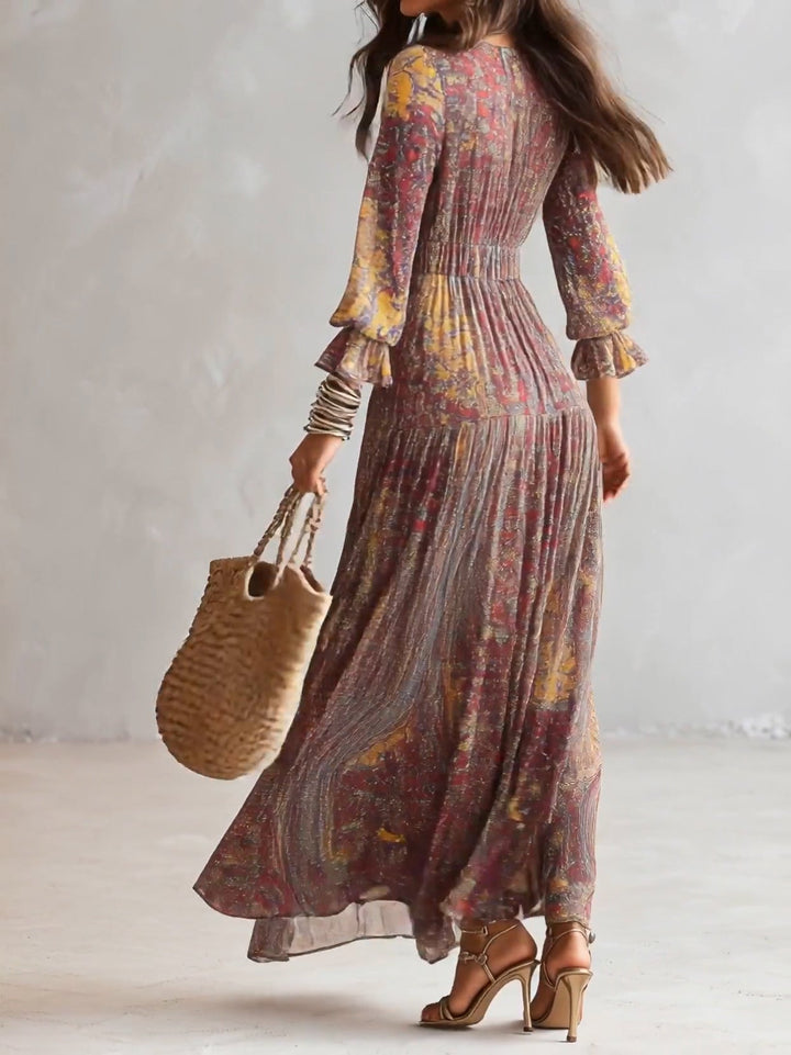 Natalie - Paisley Print V-neck Gathered Chiffon Maxi Dress
