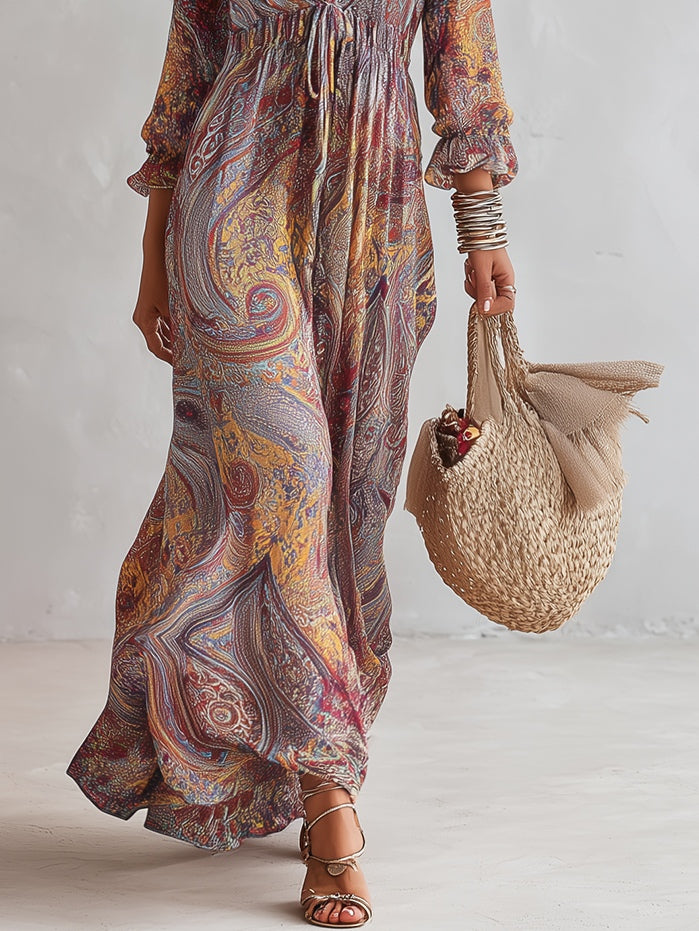 Natalie - Paisley Print V-neck Gathered Chiffon Maxi Dress