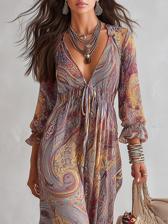 Natalie - Paisley Print V-neck Gathered Chiffon Maxi Dress