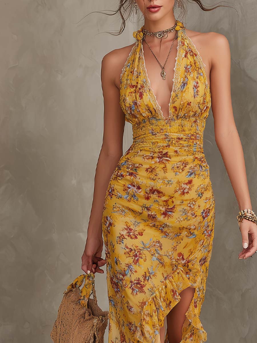 Emery - Ginger Yellow Floral Halter Neck Fitted Waist Chiffon Midi Dress