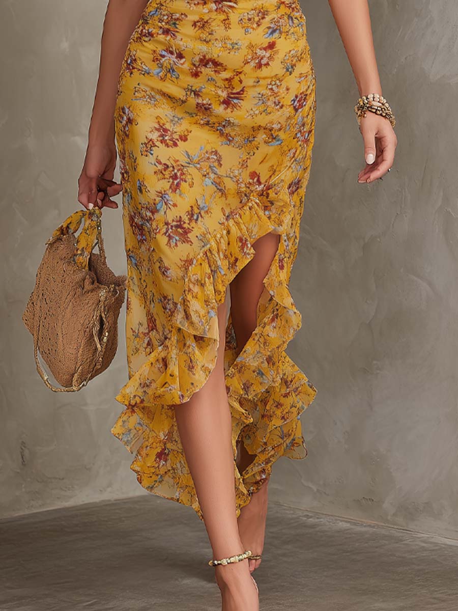 Emery - Ginger Yellow Floral Halter Neck Fitted Waist Chiffon Midi Dress