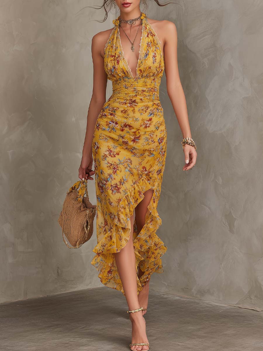 Emery - Ginger Yellow Floral Halter Neck Fitted Waist Chiffon Midi Dress