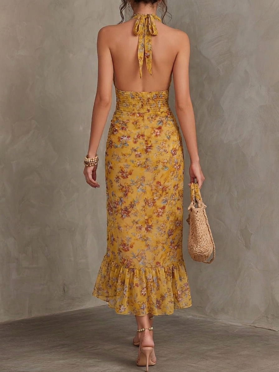 Emery - Ginger Yellow Floral Halter Neck Fitted Waist Chiffon Midi Dress