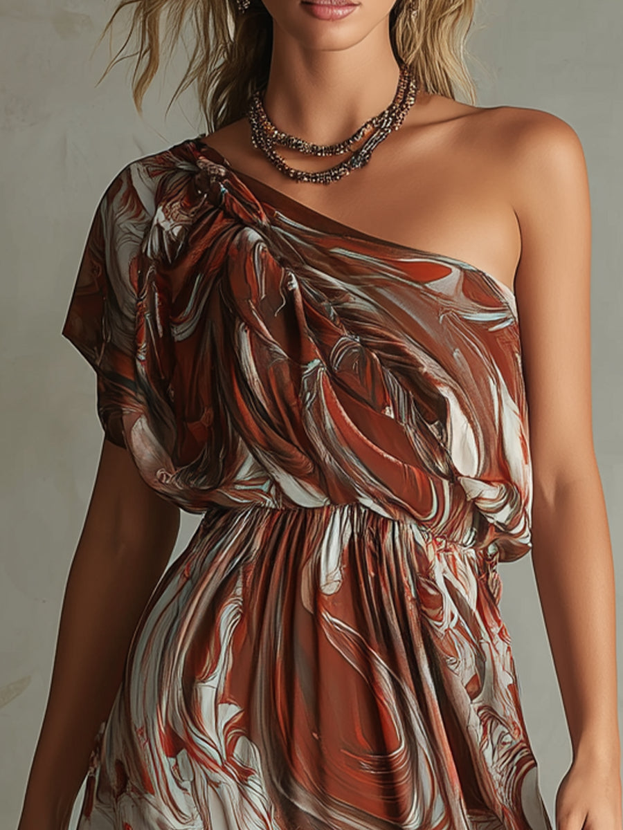 Dawn - Boho One-shoulder Irregular Marble Abstract Print Chiffon Midi Dress