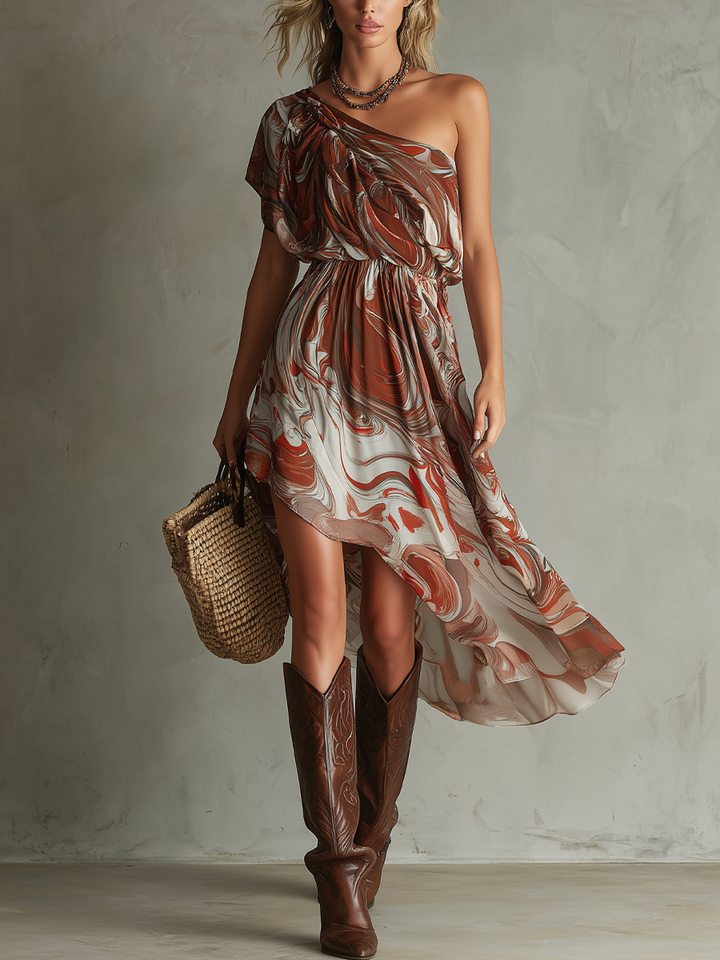 Dawn - Boho One-shoulder Irregular Marble Abstract Print Chiffon Midi Dress