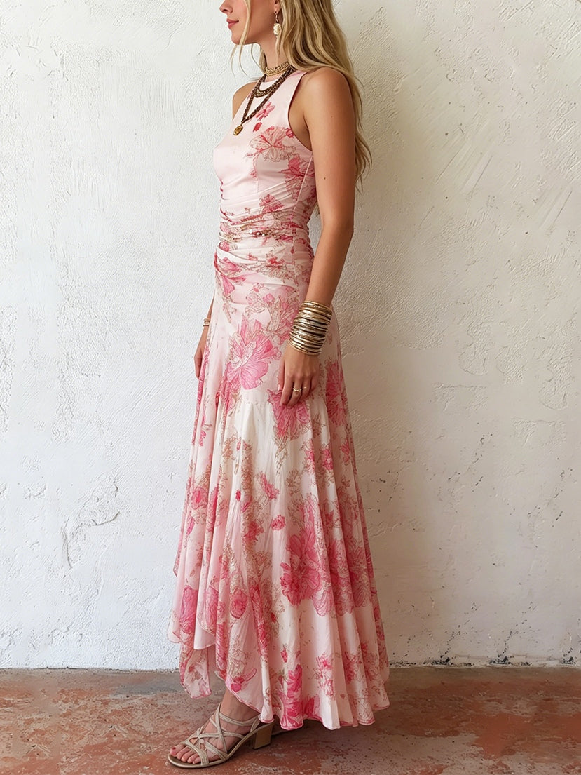 Alexandra - Pink Floral Chiffon Pleated Print Sleeveless Midi Dress
