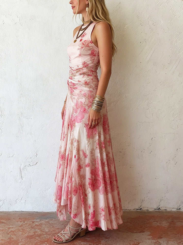 Alexandra - Pink Floral Chiffon Pleated Print Sleeveless Midi Dress