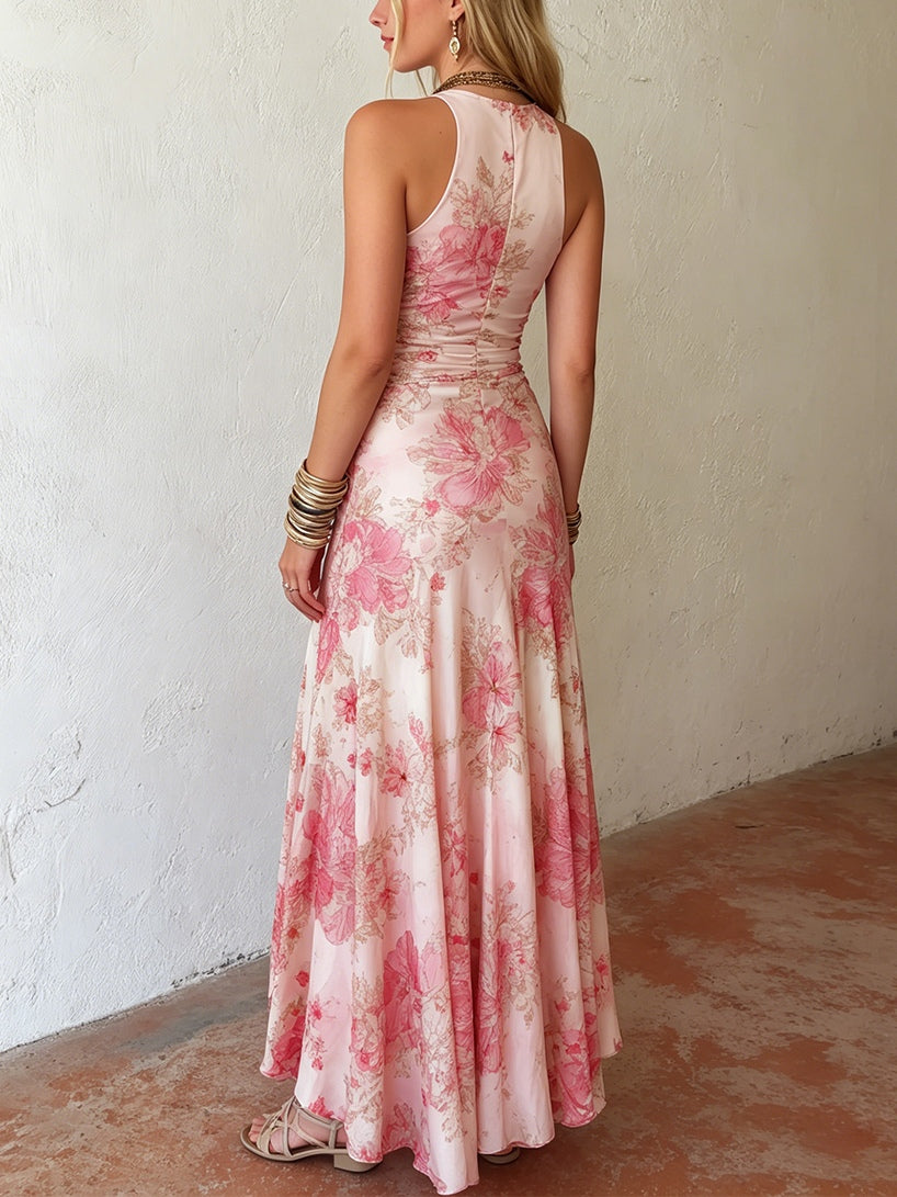 Alexandra - Pink Floral Chiffon Pleated Print Sleeveless Midi Dress