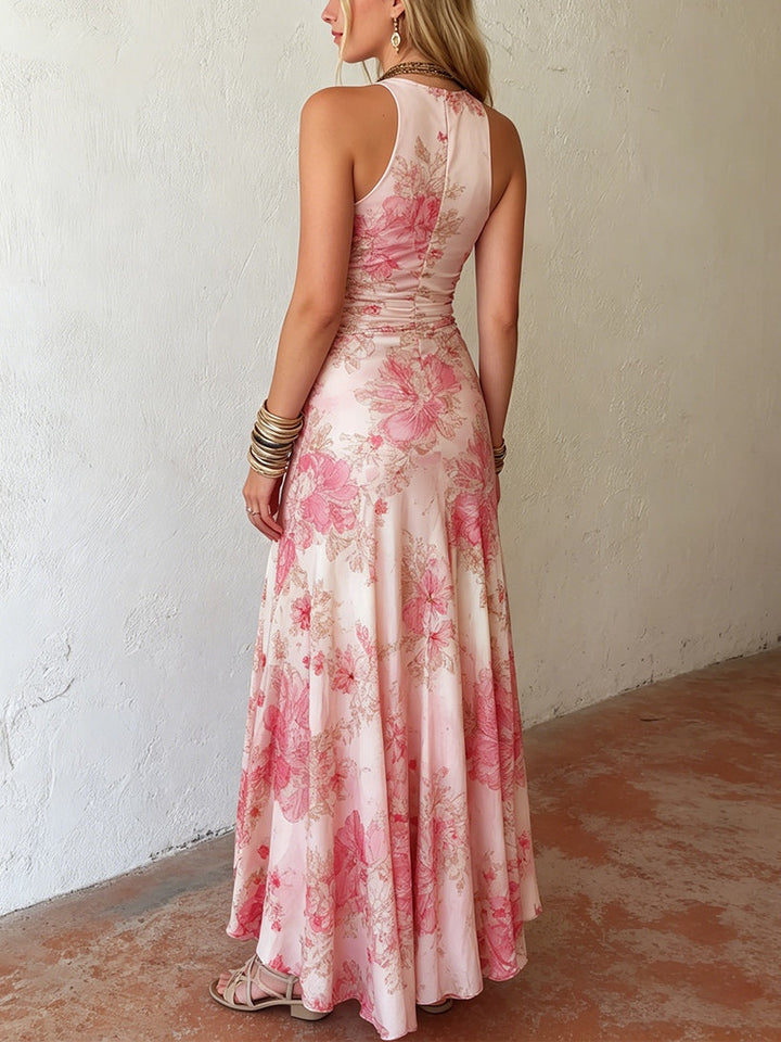 Alexandra - Pink Floral Chiffon Pleated Print Sleeveless Midi Dress