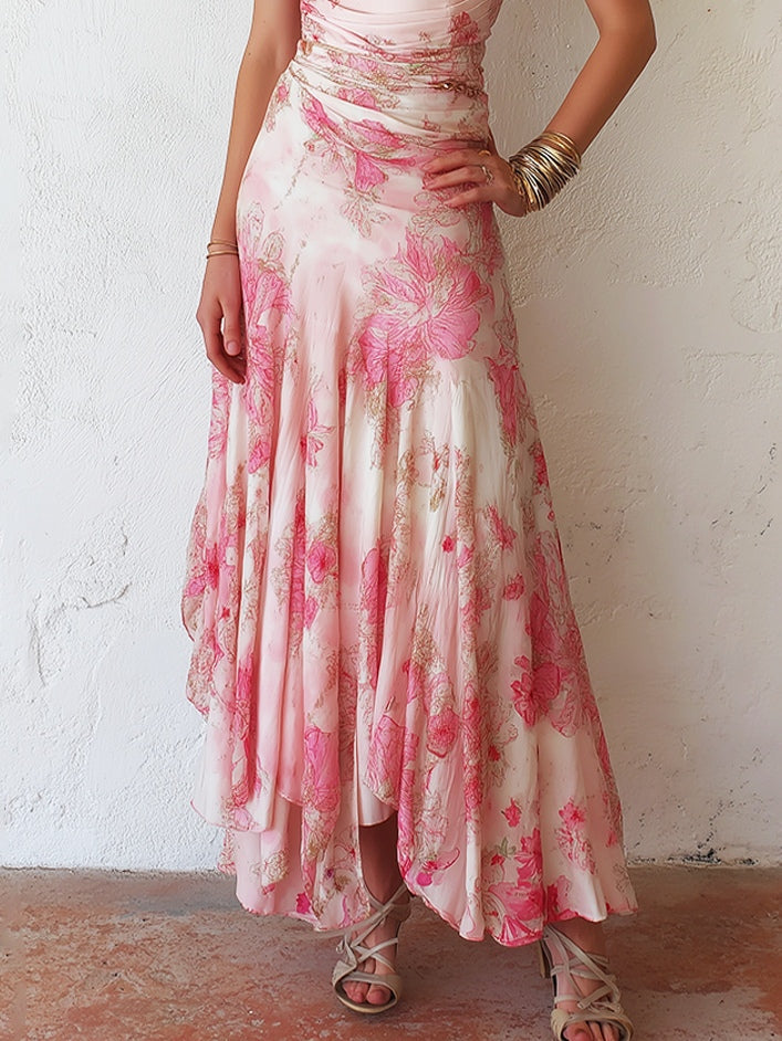 Alexandra - Pink Floral Chiffon Pleated Print Sleeveless Midi Dress