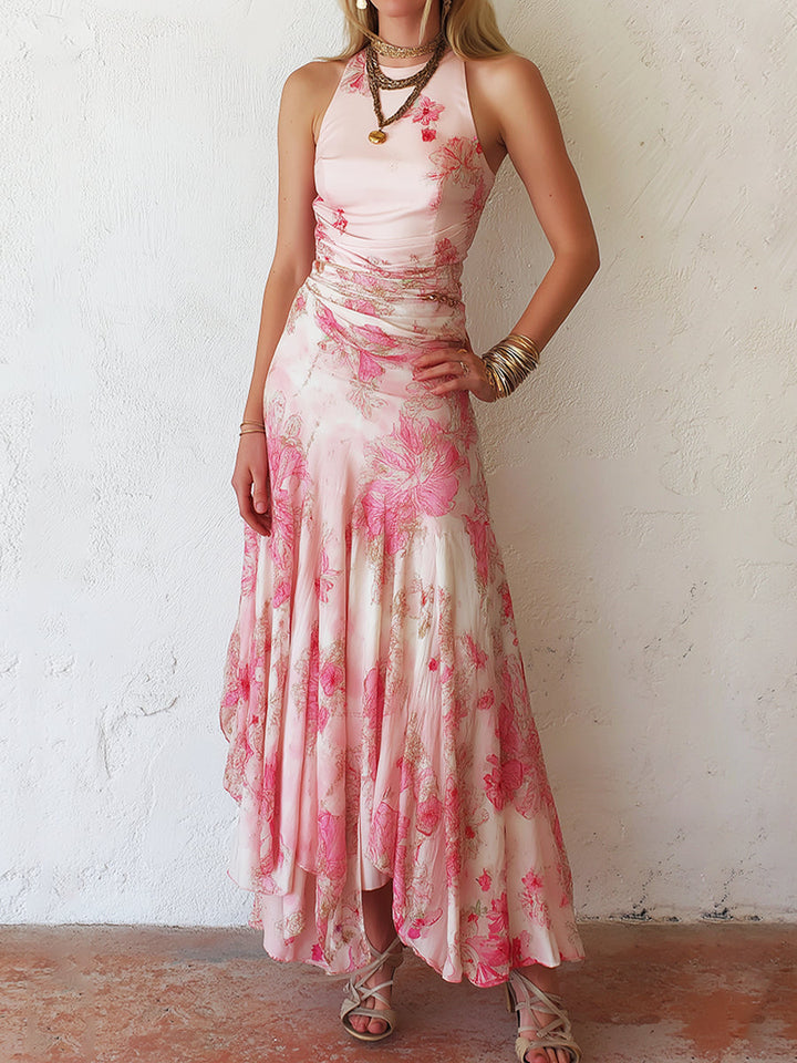 Alexandra - Pink Floral Chiffon Pleated Print Sleeveless Midi Dress