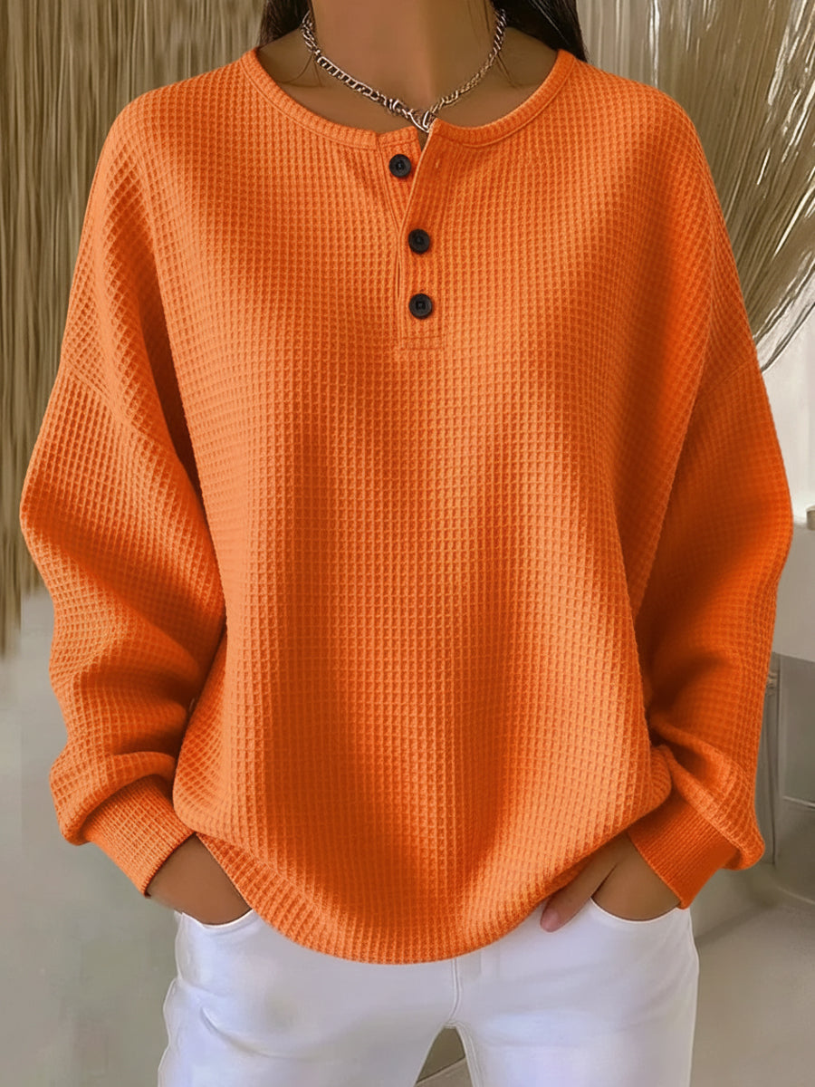 Nancy | Waffle Knit Henley Sweatshirt
