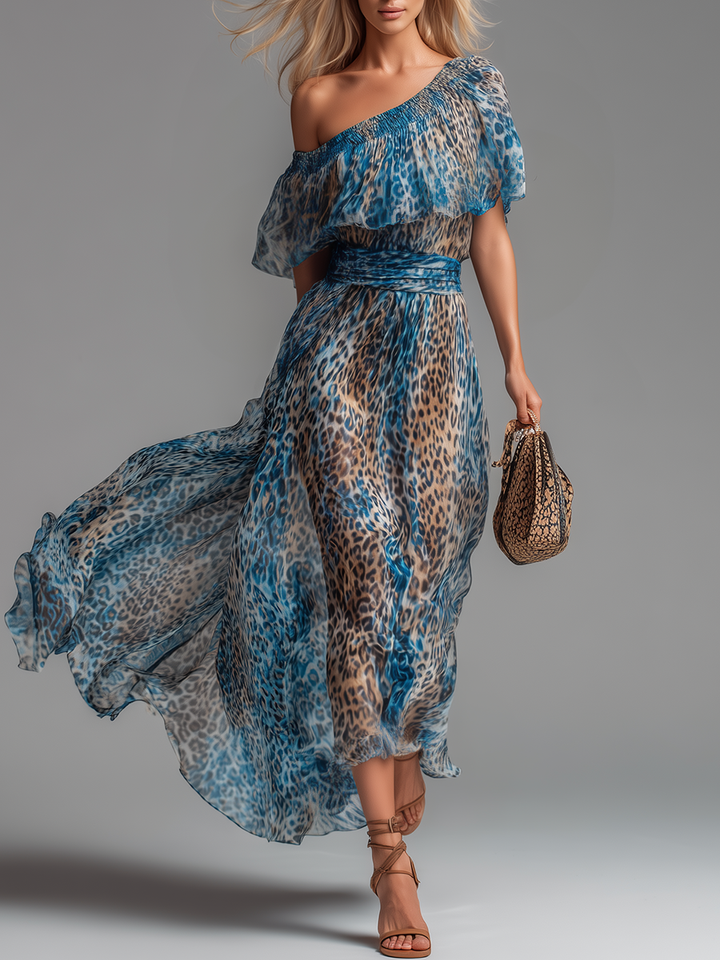 Lauren - Long chiffon dress with leopard print and bare shoulders