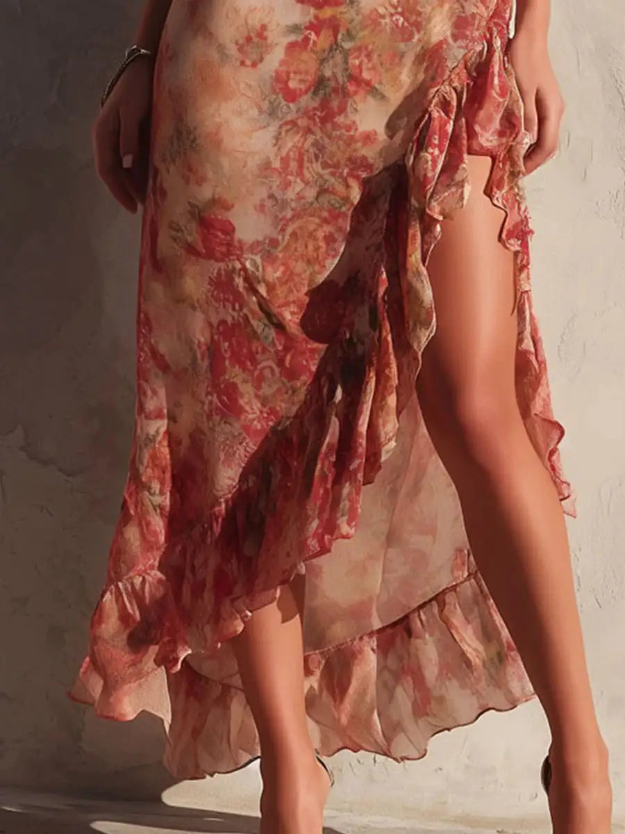 Jamie - Asymmetric Floral Dress with Slit and Ruffles