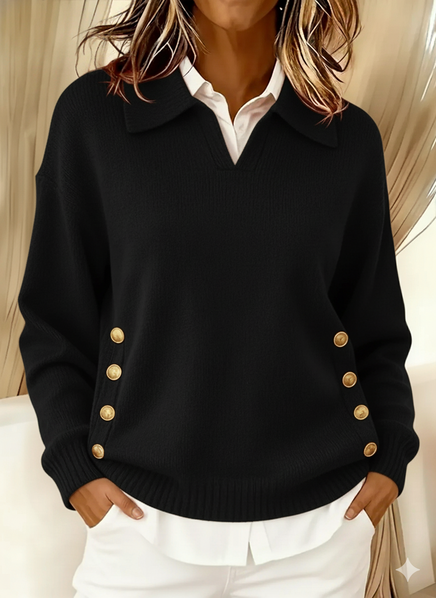 Barbara | Polo Collar Sweater with Gold Buttons