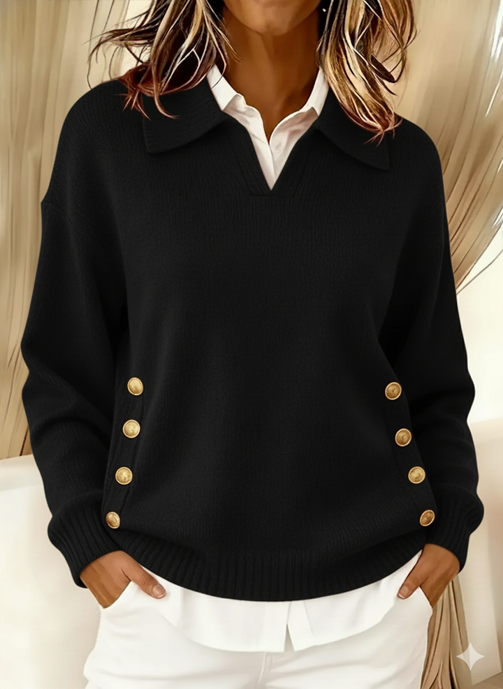 Barbara | Polo Collar Sweater with Gold Buttons