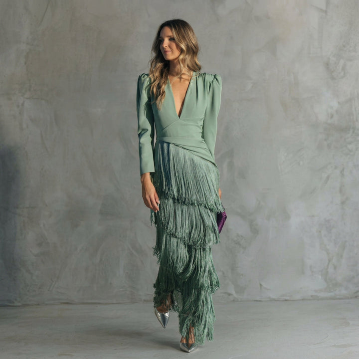 Monica - Long Fringe Dress with V-Neck
