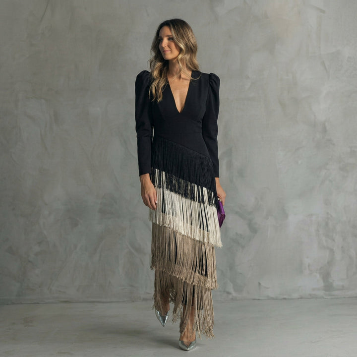 Monica - Long Fringe Dress with V-Neck