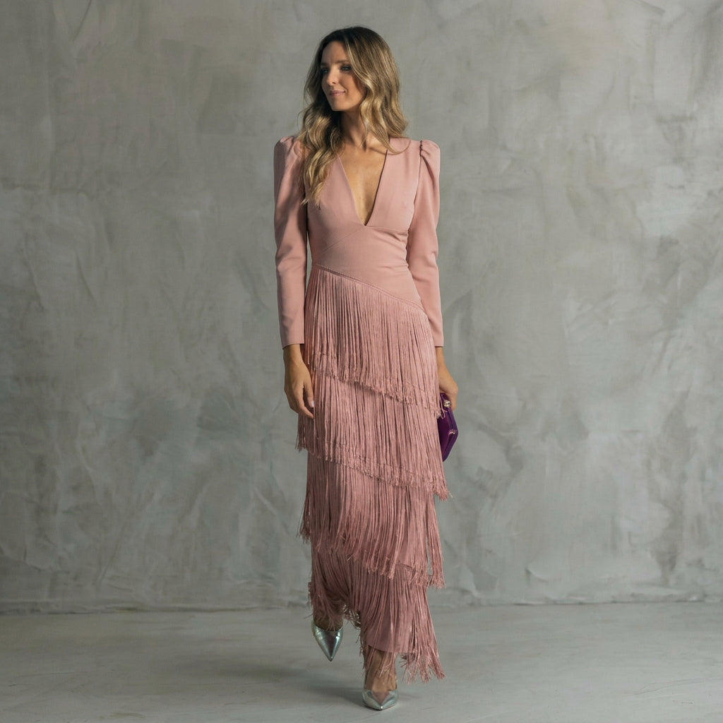 Monica - Long Fringe Dress with V-Neck
