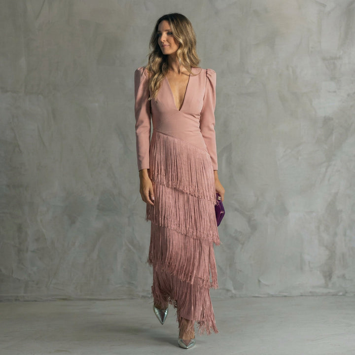 Monica - Long Fringe Dress with V-Neck