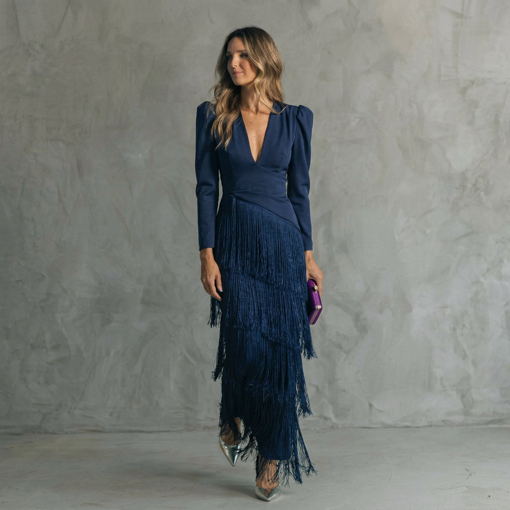Monica - Long Fringe Dress with V-Neck