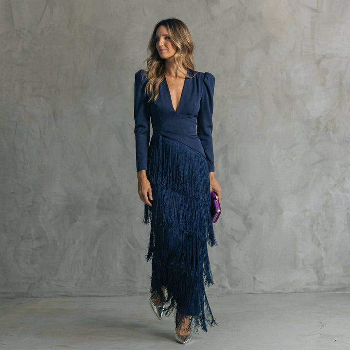 Monica - Long Fringe Dress with V-Neck