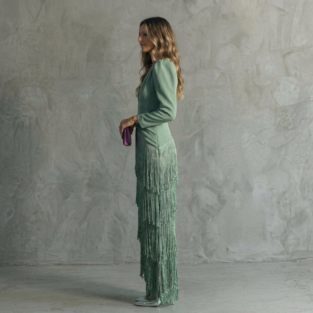 Monica - Long Fringe Dress with V-Neck