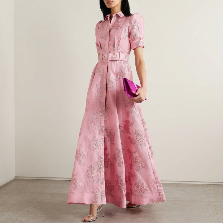 Margaret - Long Dress in Floral Jacquard with Belt