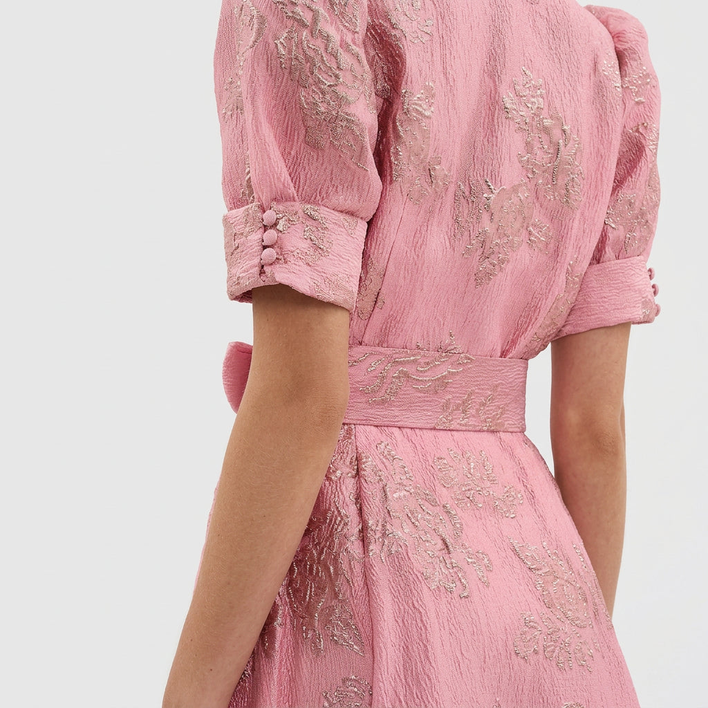 Margaret - Long Dress in Floral Jacquard with Belt