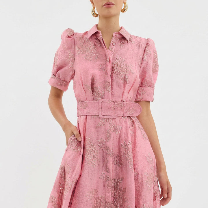 Margaret - Long Dress in Floral Jacquard with Belt