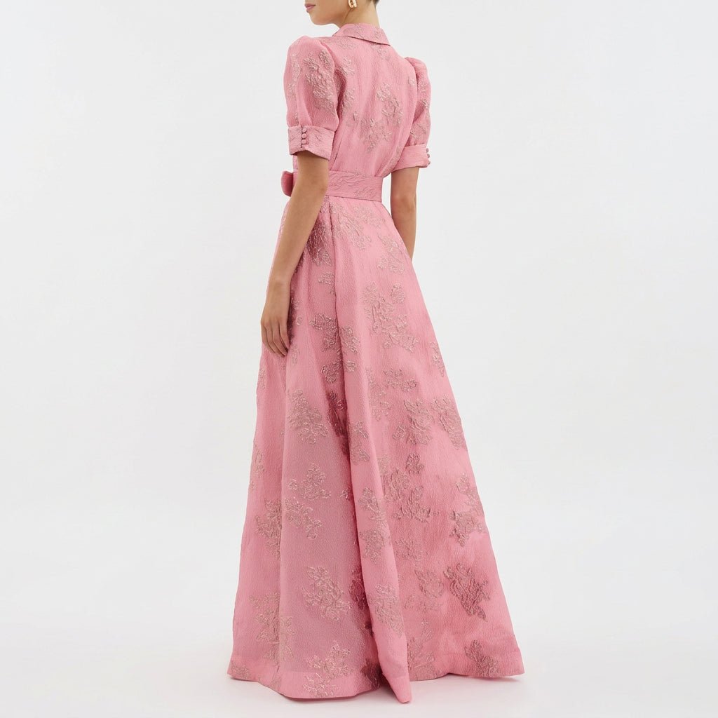 Margaret - Long Dress in Floral Jacquard with Belt
