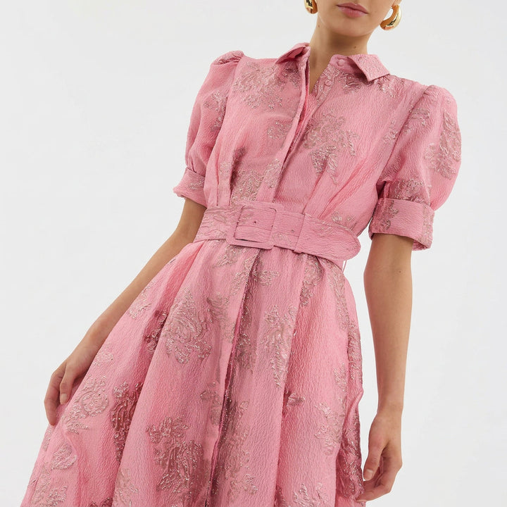 Margaret - Long Dress in Floral Jacquard with Belt