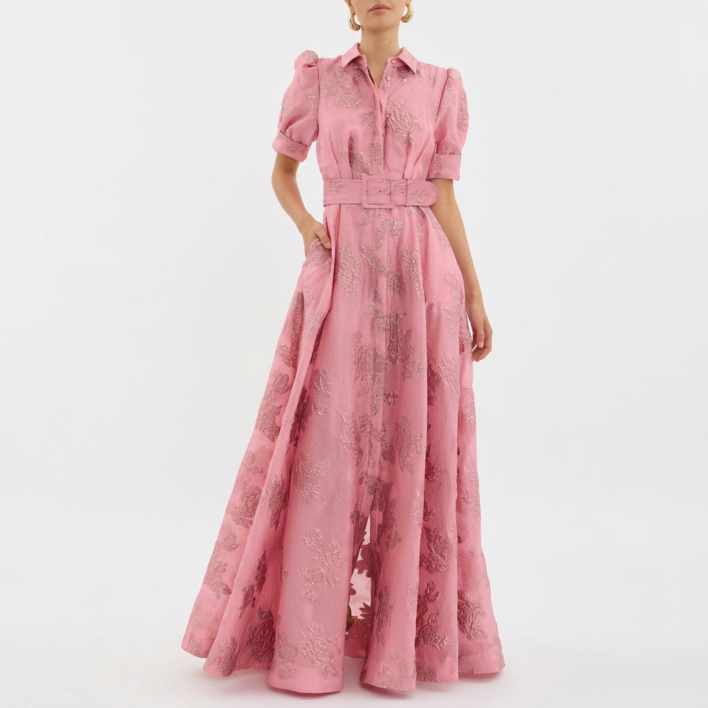 Margaret - Long Dress in Floral Jacquard with Belt