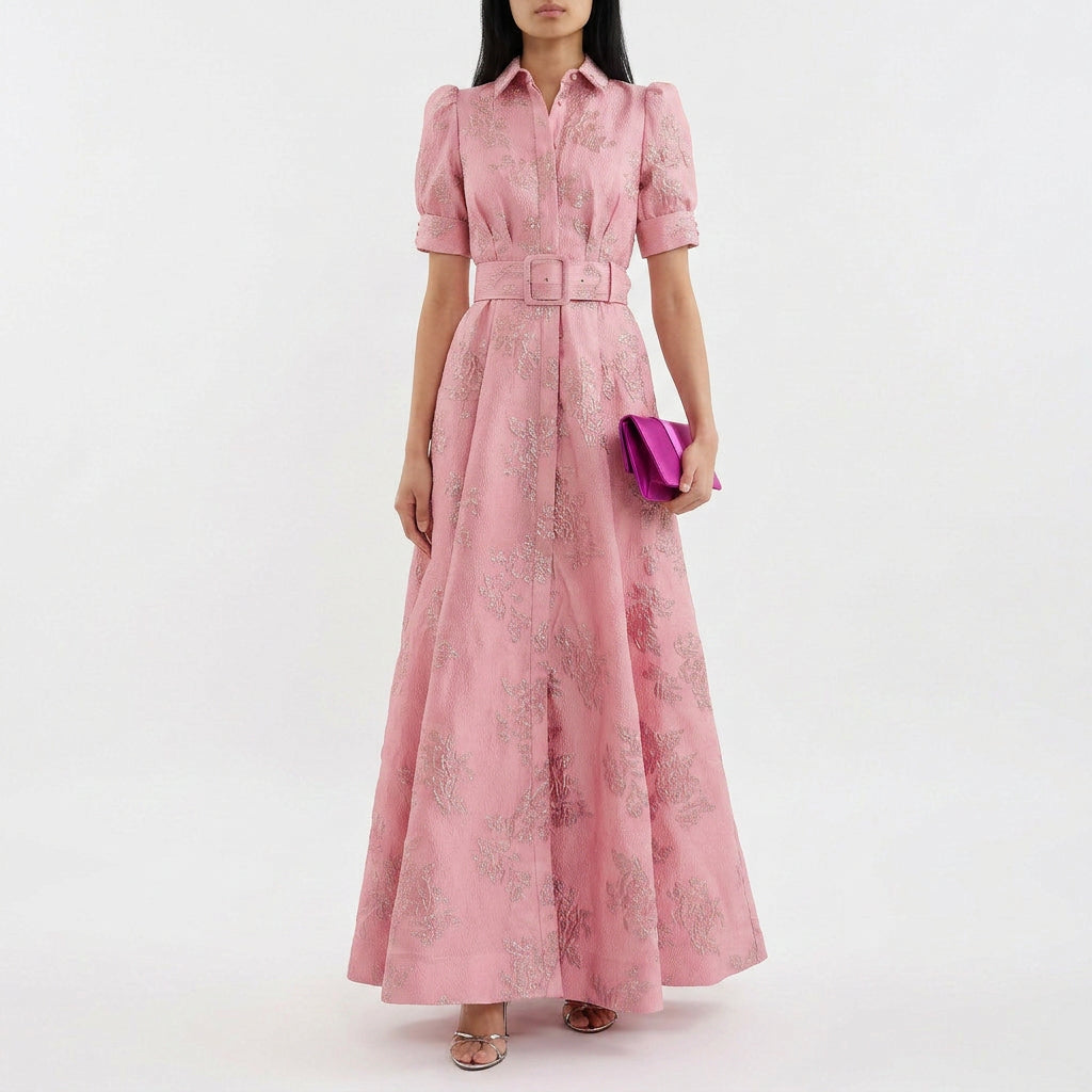 Margaret - Long Dress in Floral Jacquard with Belt