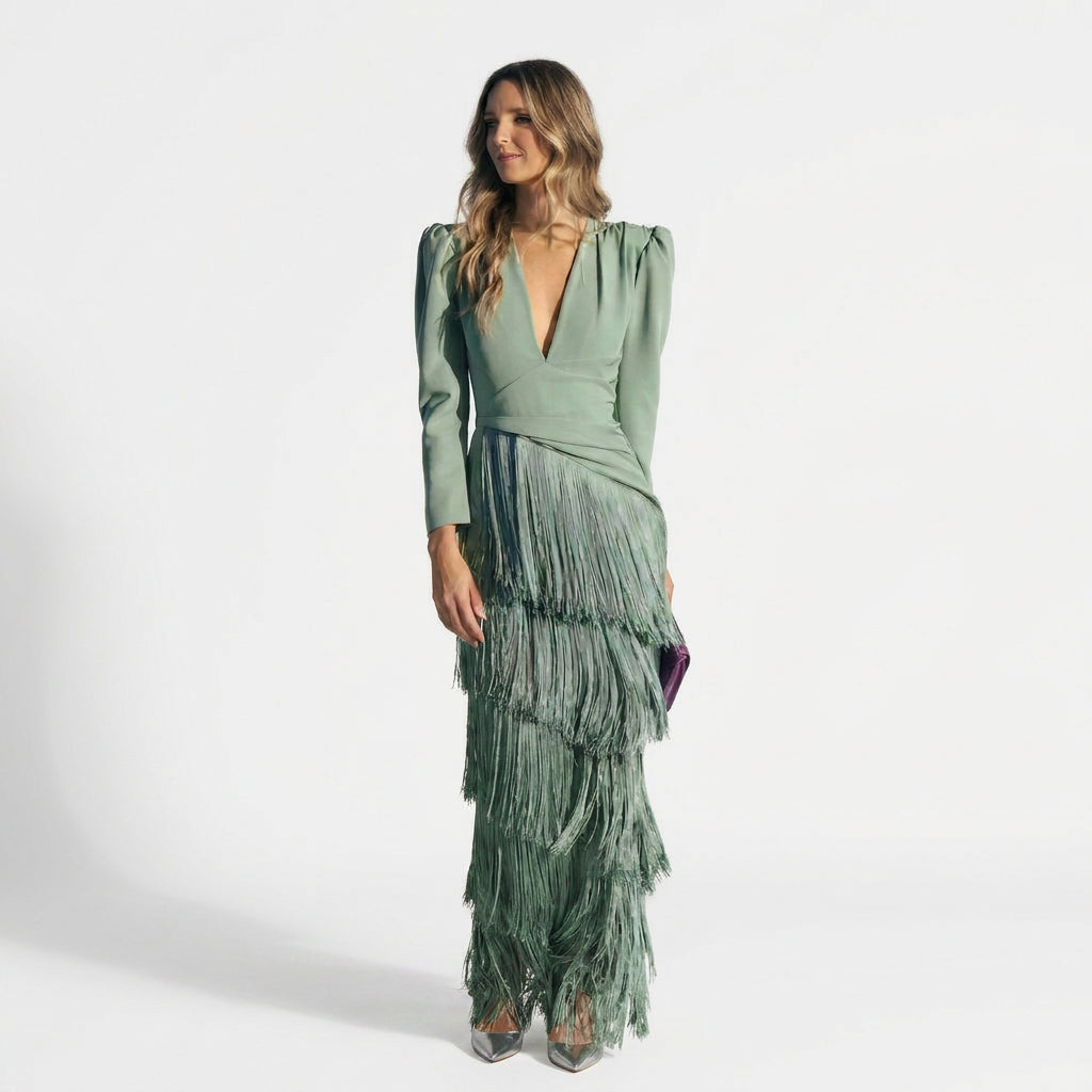 Monica - Long Fringe Dress with V-Neck