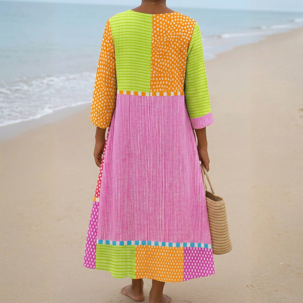 Heather - Colorful Patchwork Dress with Dots and Stripes