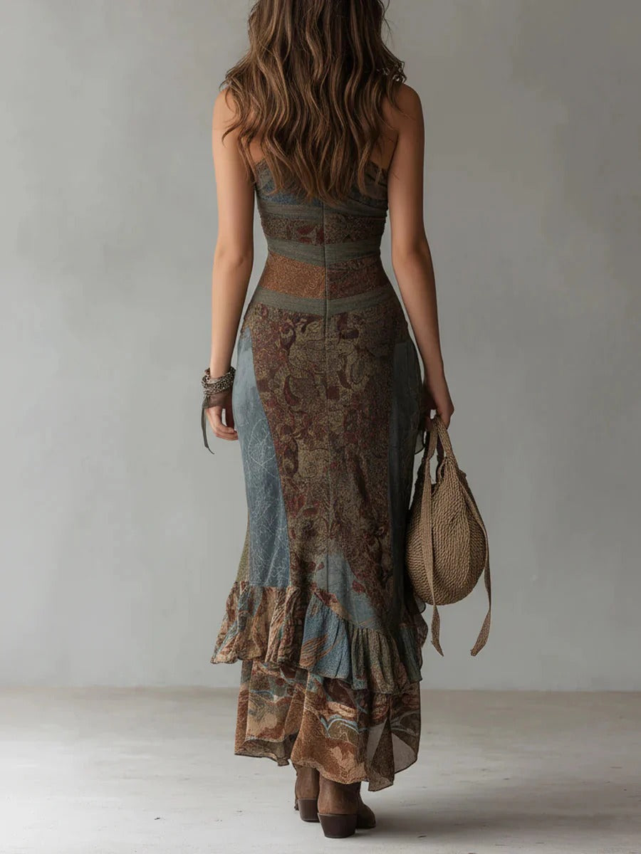 Jessica - Asymmetrical long dress with ethnic print and side slit
