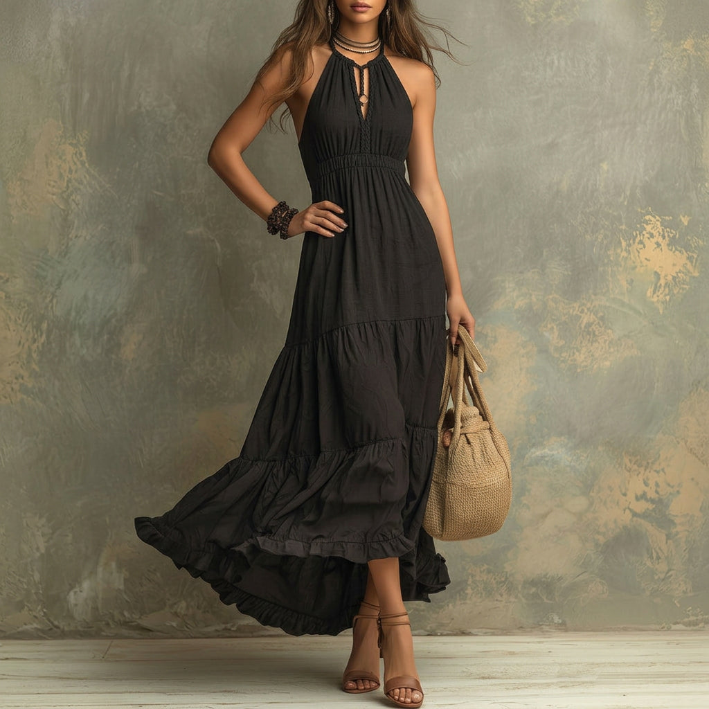 Kate - Black Bohemian High-necked Ruffled Lace Maxi Dress