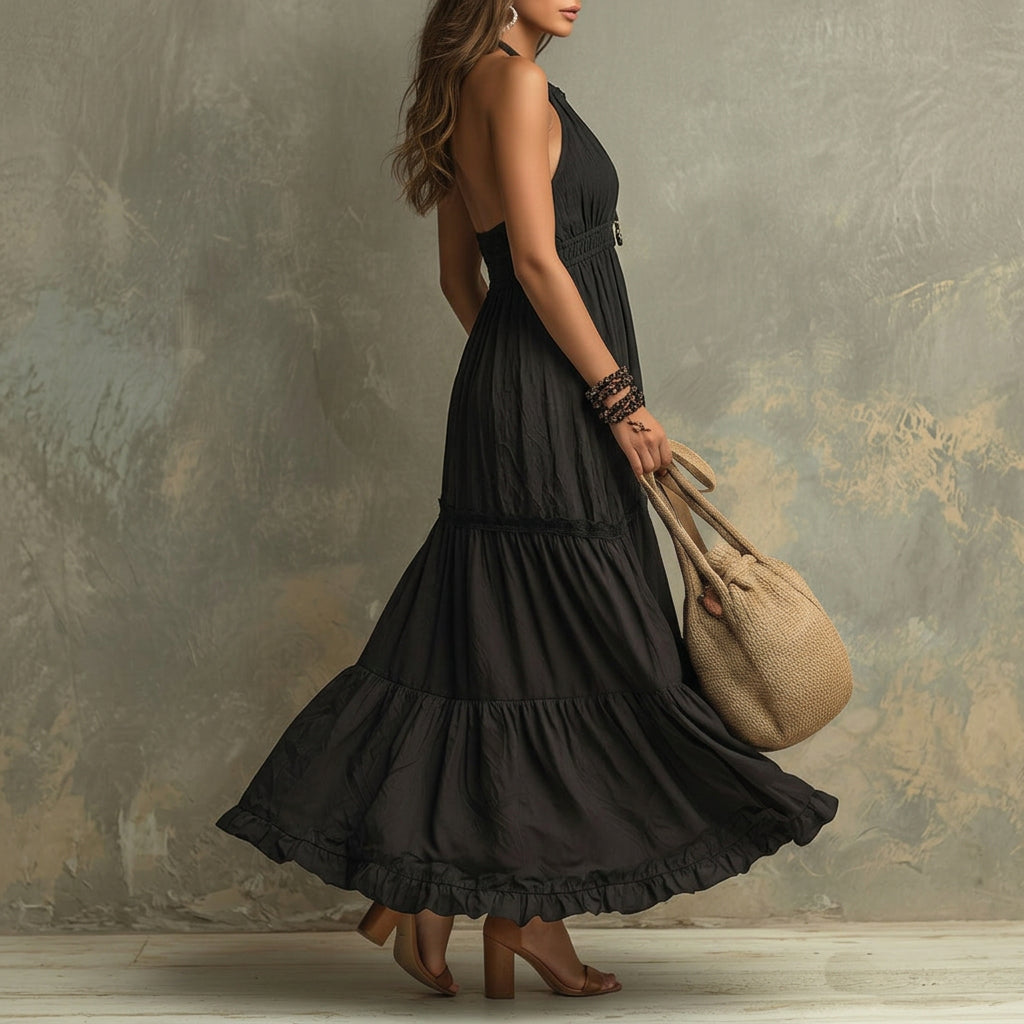 Kate - Black Bohemian High-necked Ruffled Lace Maxi Dress
