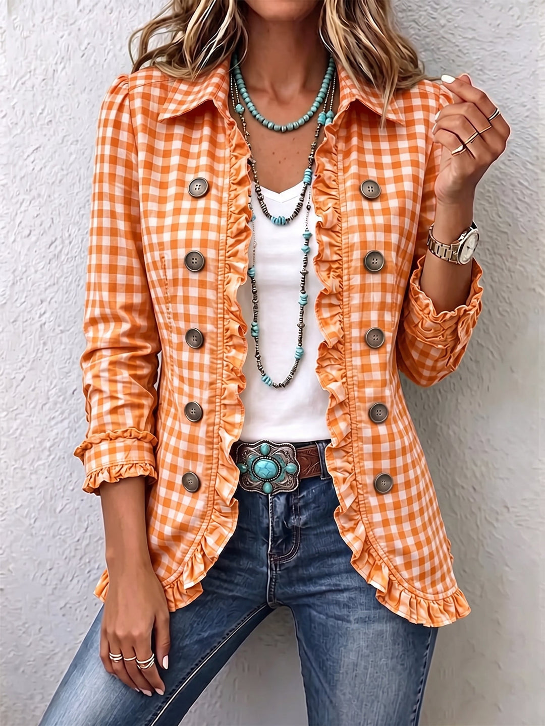 Evelyn | Gingham Ruffled Button-Down Jacket