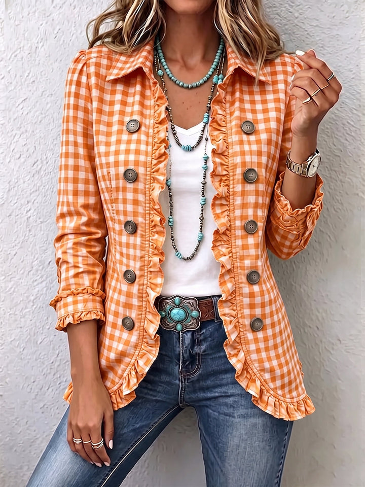 Evelyn | Gingham Ruffled Button-Down Jacket