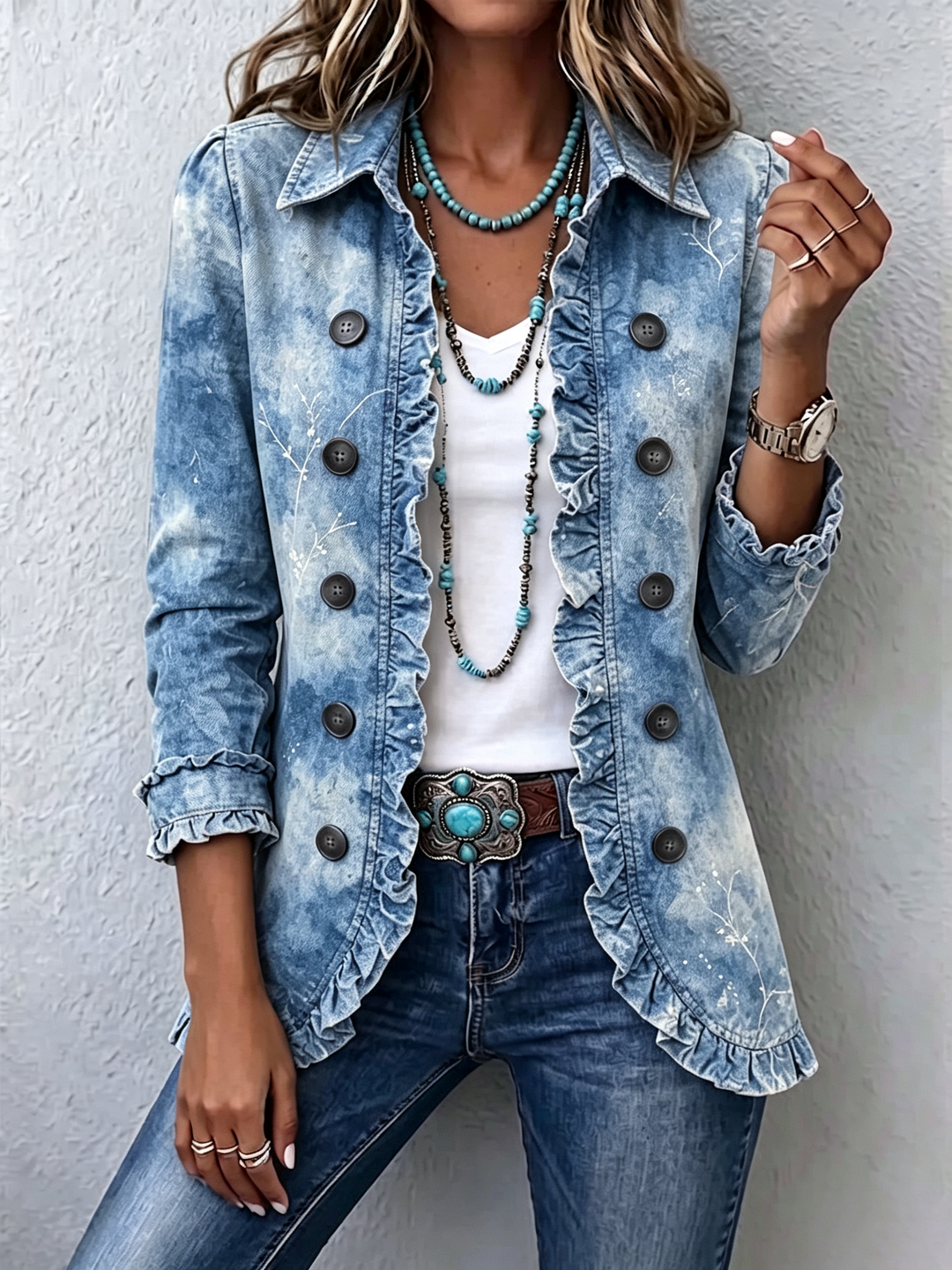 Sofia | Boho-Style Gradient Vintage Botanical Print Ruffle-Detail Jacket