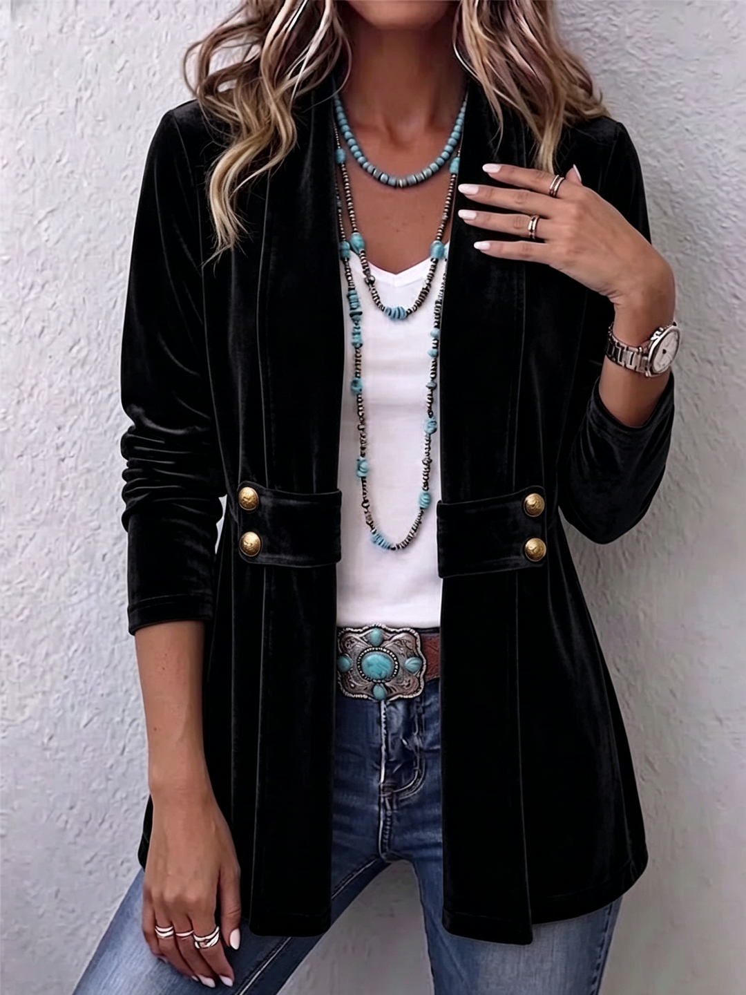 Avery | Vintage Lapel Button-Accent Long Sleeve Open Front Jacket